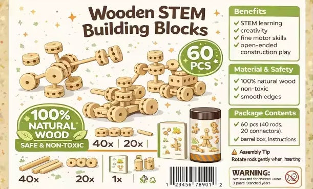 Wooden Building Block Toys for Kids Ages 4-8, STEM Preschool Learning Educational Toys for Children, Creative Construction Toys Gift for Boys and Girls, 60 Pcs